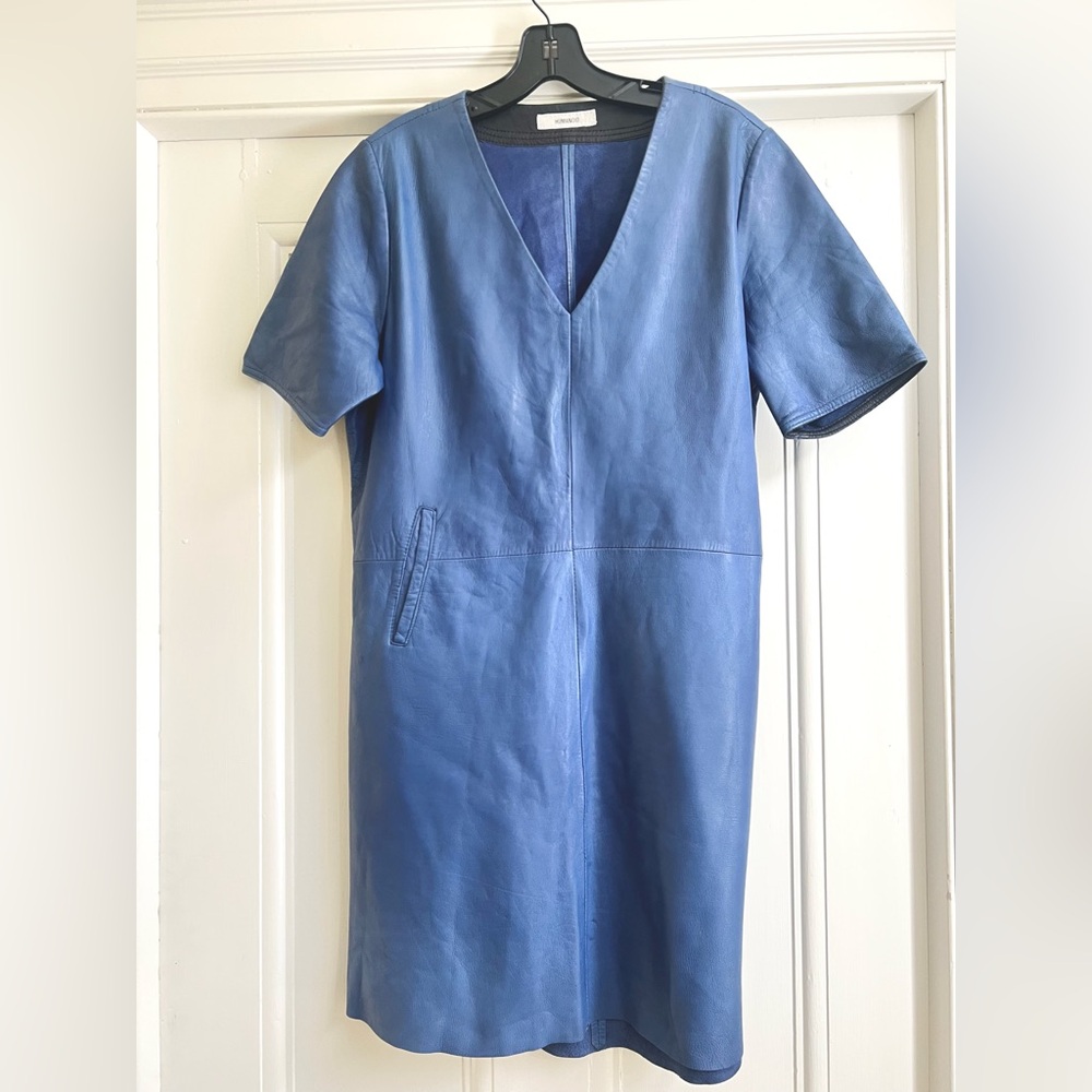 Humanoid Scandi style sky blue leather dress